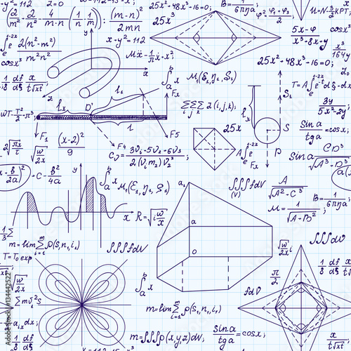 Scientific vector seamless pattern with handwritten mathematical equations, formulas, plots, figures and calculations