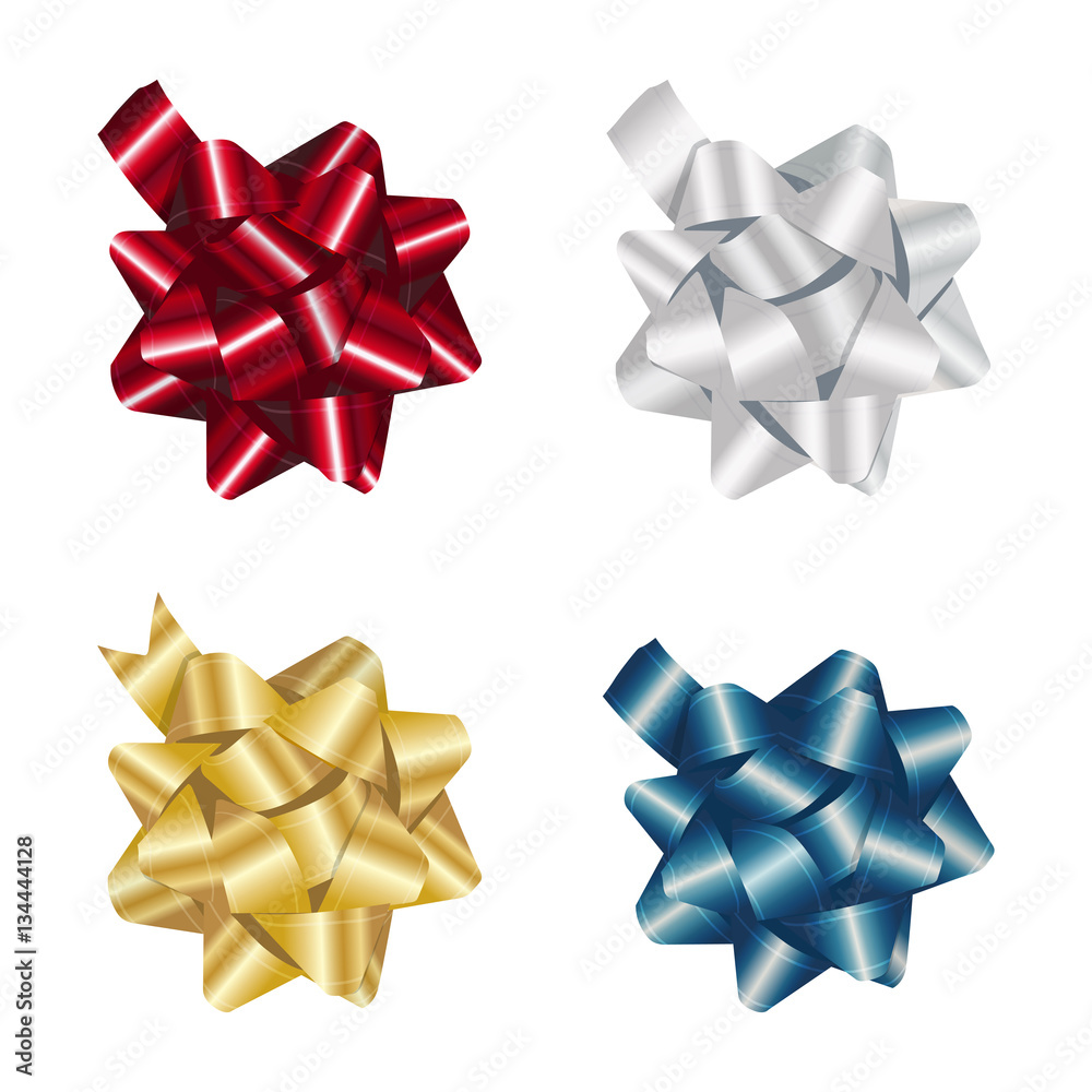 Set of realistic shiny gift bows on white background Set of realistic shiny gift bows on white background