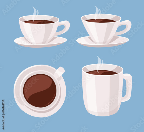 Set of Cartoon Style Coffee Cup. Vector Illustration Liquid Chocolate. Hand Drawn Caffeine Drinks