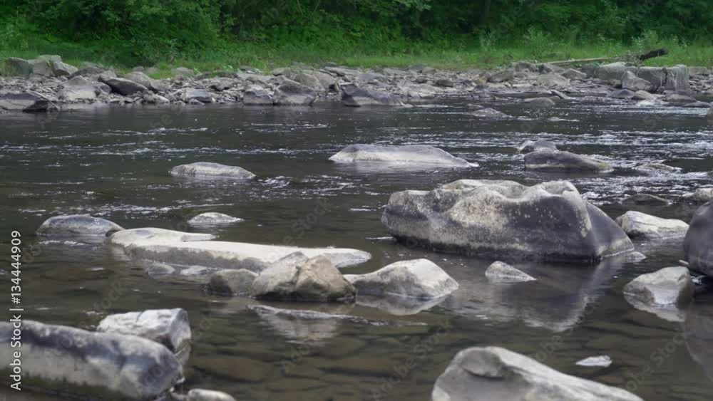 River with transparent clear water and big different stones. On the coast green grass and fresh trees. River with transparent clear water and big different stones. On the coast green grass and fresh trees.