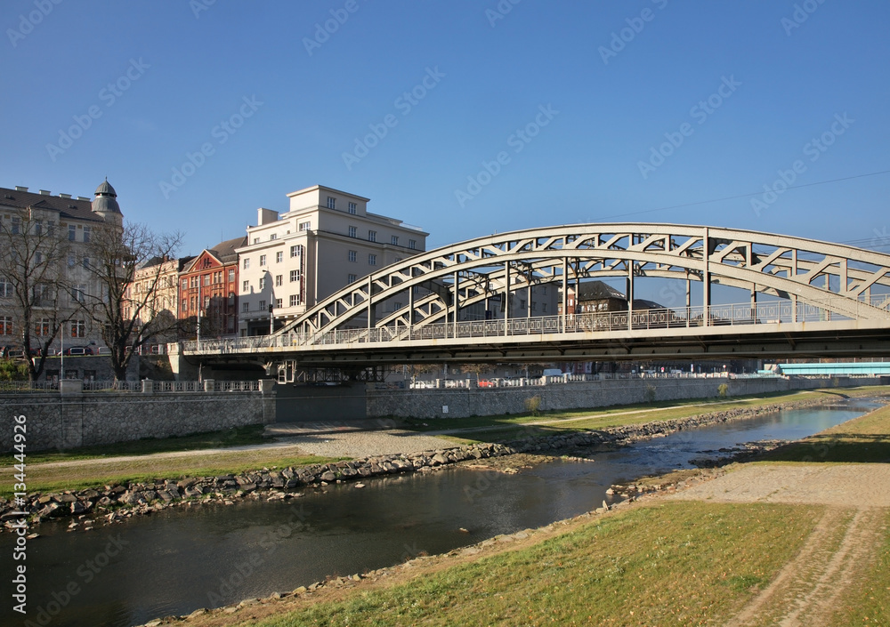 Milos Sykora bridge over Ostravice river in Ostrava. Czech Republic