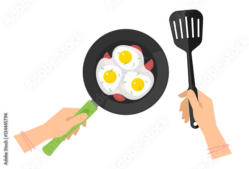 Female hands with cooking pan with scrambled eggs and black slotted spatula. Flat concept illustration of kitchen food fry, roast tools and omelette. Vector elements for web design, cook infographic.
