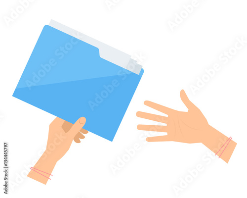 Business woman's hand gives to another a blue document folder. Flat concept illustration of office supply. Isolated on white workspace accessory. Vector infographic elements for web, presentation.