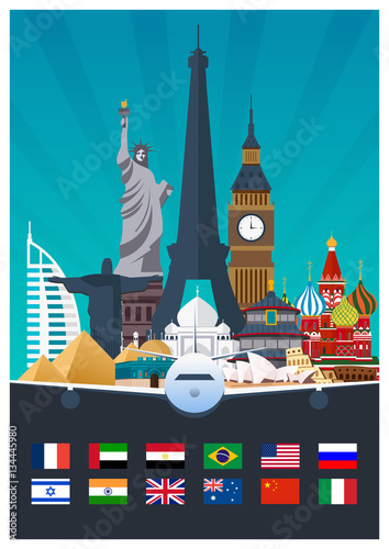 Big Collection of Travel poster to country. Vecor Flat illustration.