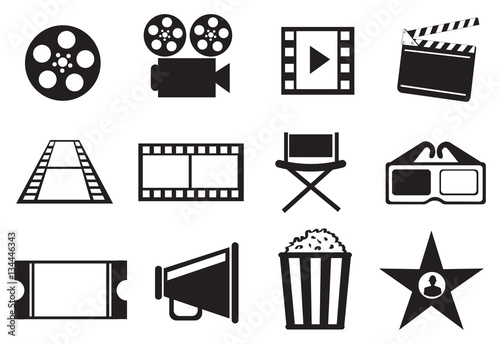 Black and White Cinema Movie Entertainment Vector Icon Set