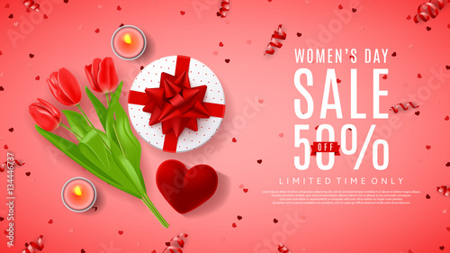 Pink banner for Women's Day sale. Top view on composition with red flowers, gift boxe, red case for ring and candles. Vector illustration with serpentine and confetti.