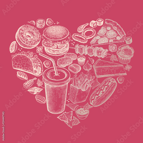 Vector set of fast food in the form of heart.