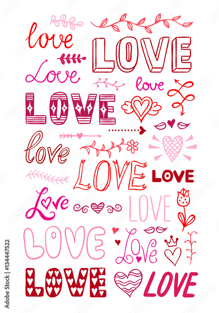 Hand drawn St. Valentine's Day clipart elements with hearts, love words lettering, flowers and love symbols