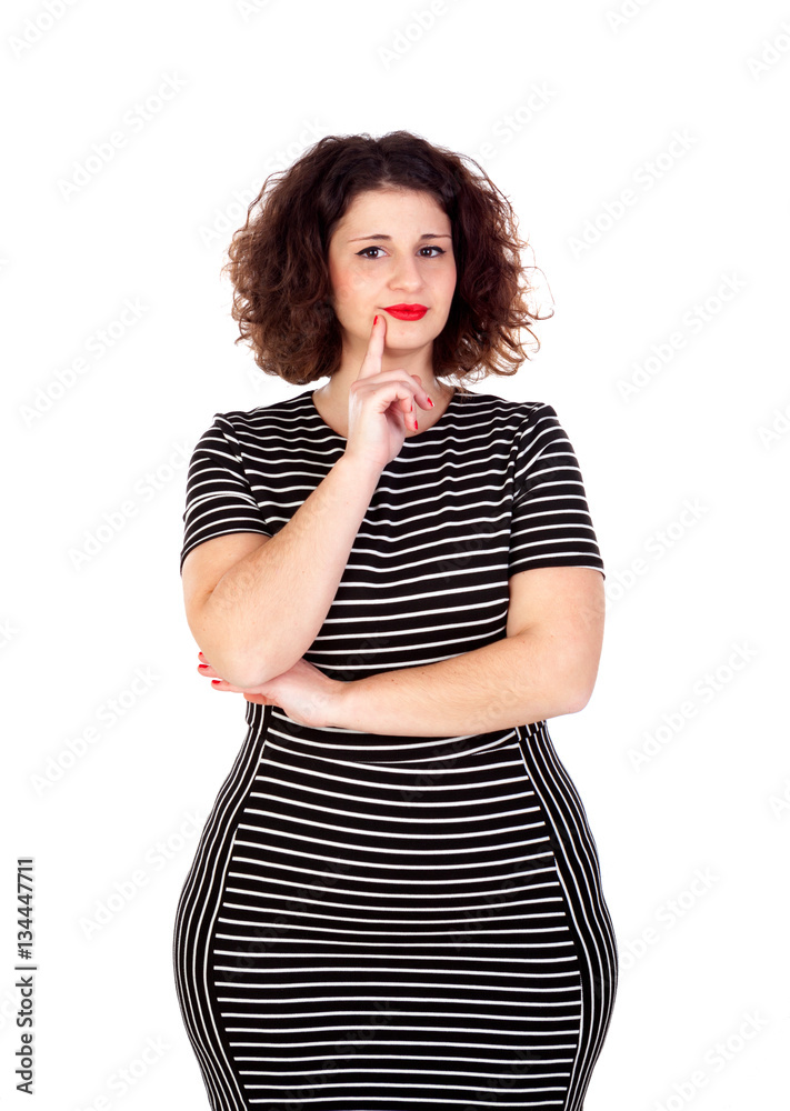 Pensive beautiful curvy girl with striped dress Pensive beautiful curvy girl with striped dress