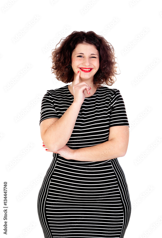 Pensive beautiful curvy girl with striped dress
