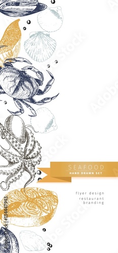 Vector set for seafood restaurant branding. Flyer with border frame and sketched icons.
