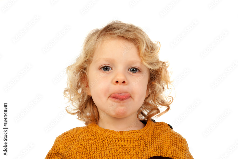 Portrait of playful small kid with long blond hair mockering Portrait of playful small kid with long blond hair mockering