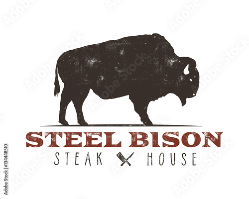Steak House vintage Label. Typography letterpress design. Vector retro logo. Included bbq grill symbols for customizing badge. Retro colors insignia