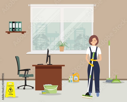 Web banner of an office cleaning lady. Young woman with a mop standing on the window background. There is also a "Caution! Wet floor" sign, a broom, a scoop in the picture. Vector flat illustration