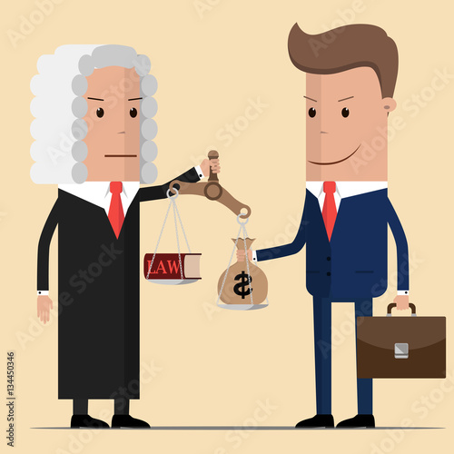 dishonest businessman giving a bag of money to the judge. Business corruption situation