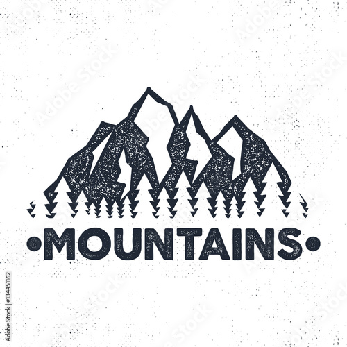 Hand drawn adventure label. Mountains and forest illustration. Typography design with sun bursts. Roughen style. Wanderlust vector tee , badge  inspirational insignia