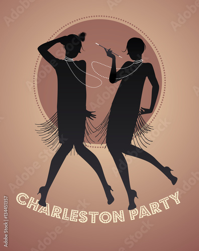 Silhouettes of two flapper girls dancing charleston. Vector illustration