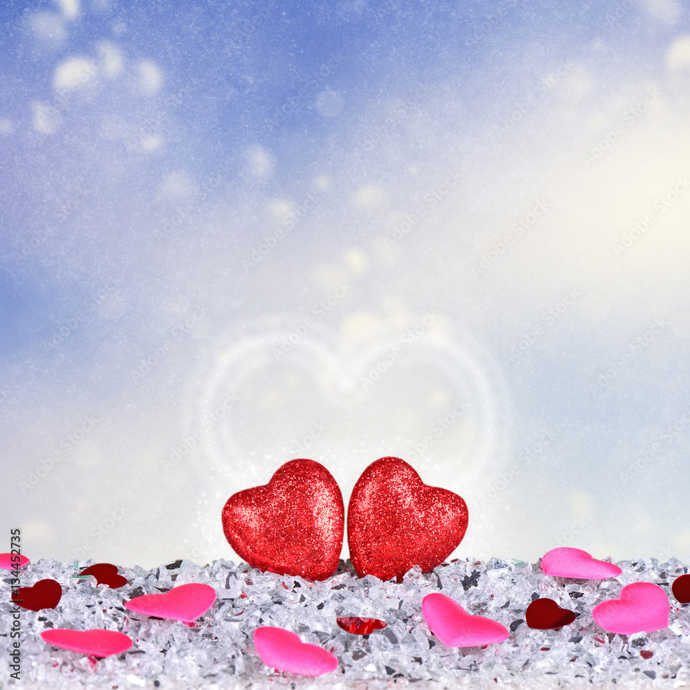 Obraz premium The two red hearts shapes on abstract light bokeh background in love concept for valentines day and romantic moment