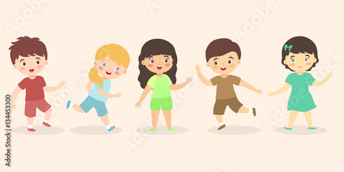 Boys and Girls Kid Set Cartoon, fun cute multi ethnic kids group icon vector illustration