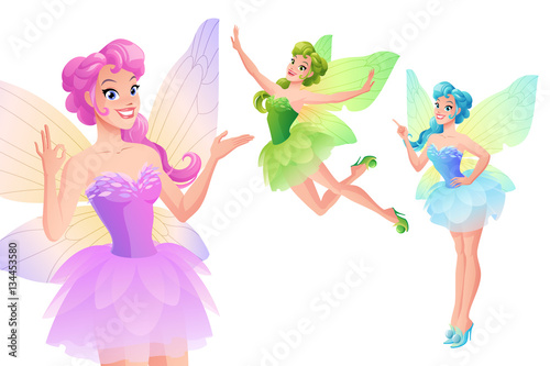 Vector set of cute colorful fairies with butterfly wings.