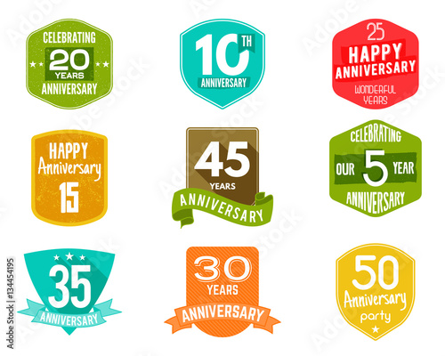 Anniversary badges, signs and emblems collection in different style - retro design, flat. Easy to edit use your number, text. illustration isolate on white background