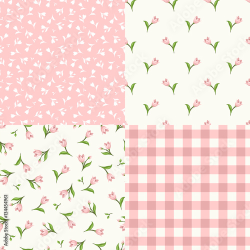 Vector set of seamless floral patterns in pink and white colors.