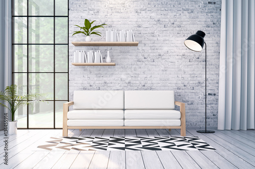 Fototapeta Naklejka Na Ścianę i Meble -  Modern loft interior design , white chair and black lamp on brick wall, 3d render
