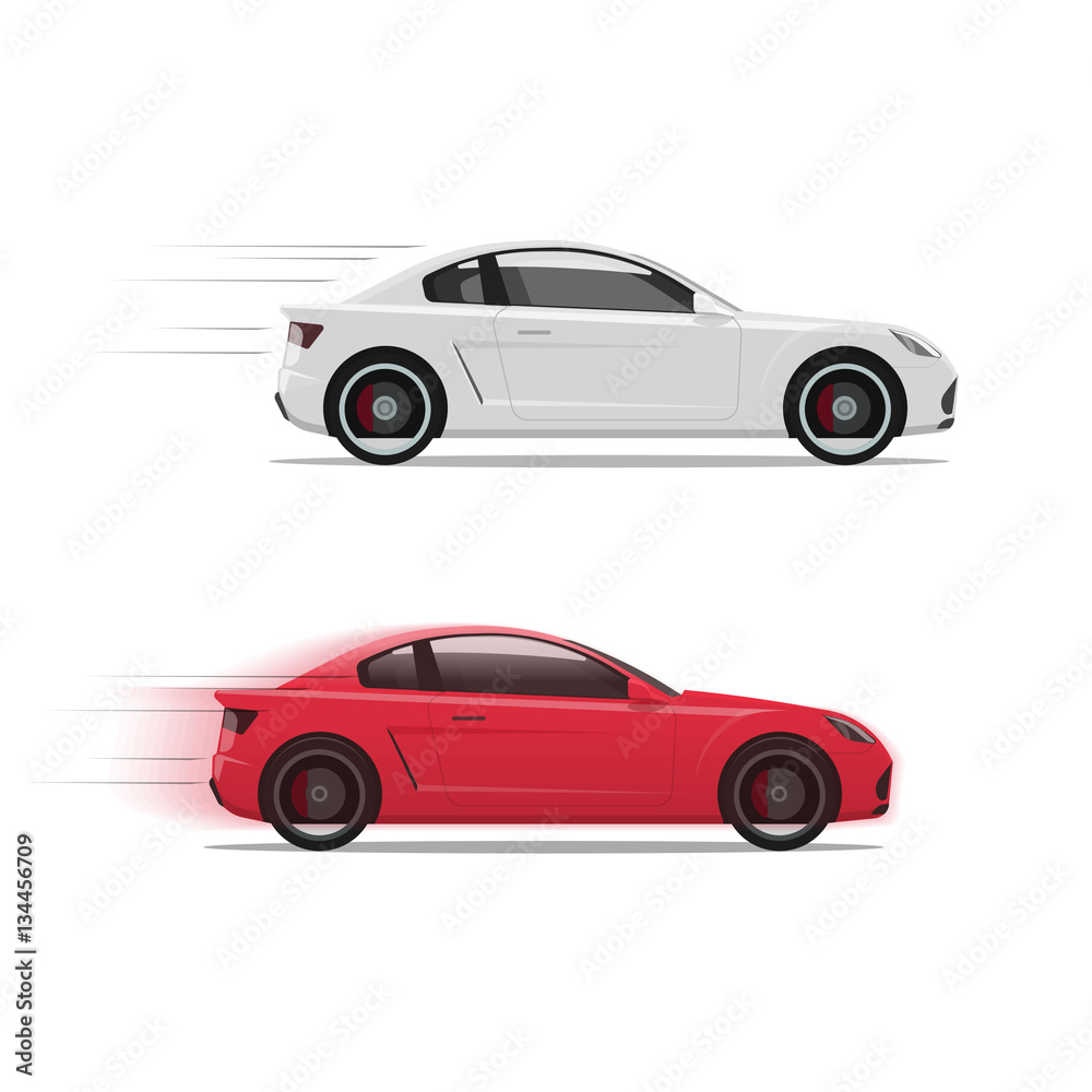 Fototapeta premium Cars racing fast vector illustration, flat auto moving on high speed with motion blur, race of two automobiles side view isolated on white background