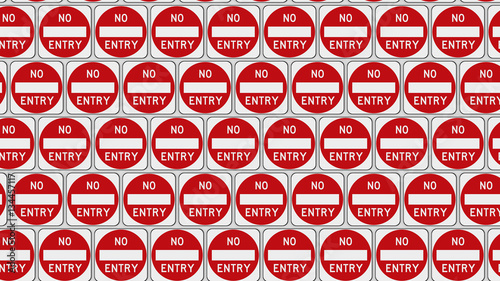 Ordered grid of red no entry signs. This image is a 3d illustration.