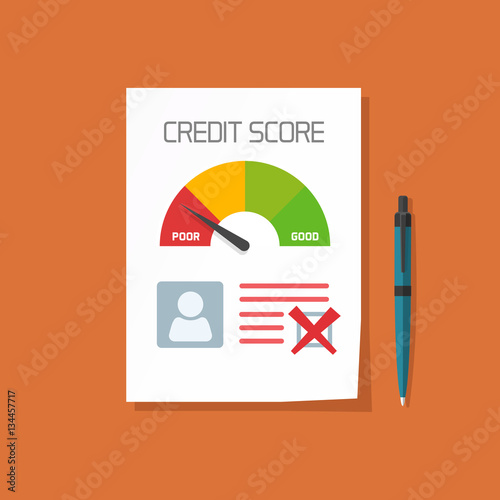 Bad credit score document with not approved stamp vector concept, paper sheet poor chart of personal credit score information, data report form, declined, failed