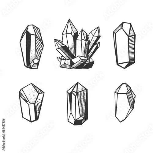 Set with hand drawn vector crystals and minerals isolated on white. 