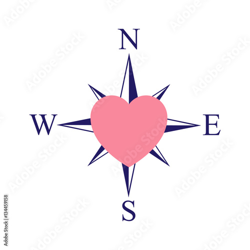 Icono plano Rosa de los vientos y corazon rosa en fondo blanco