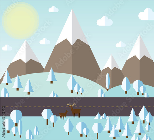 vector illustration of winter forest and mountains by the road, everything is covered with white snow, clear sunny sky