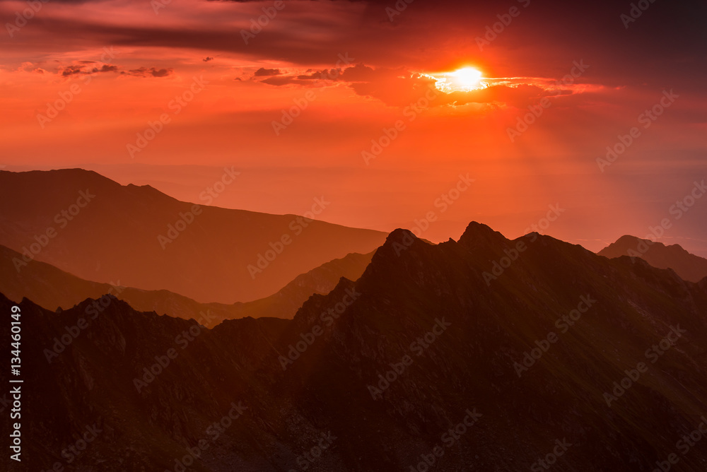 Colored sunset over the Fagaras Mountains