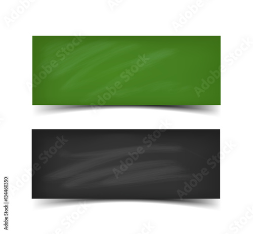 School board banner set. Realistic vector illustration of green and black boards whit chalk web banners with shadow isolated on white background.