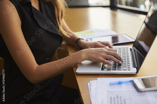 Businesswoman using laptop in office, mid section, side view