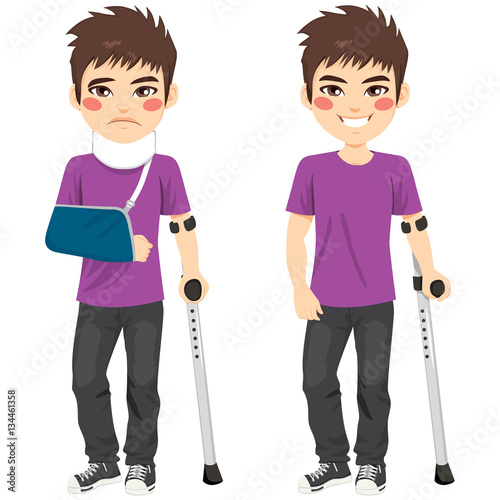 Cute teenager boy injured with crutches and bandaged arm
