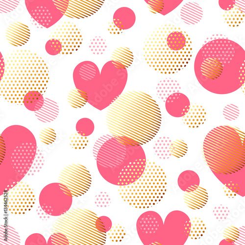 Valentines Day seamless modern luxury pattern. Festive abstract background with gold and pink hearts for cards, banners, posters, wallpapers, textiles, fabrics, wrapping papers, packaging etc