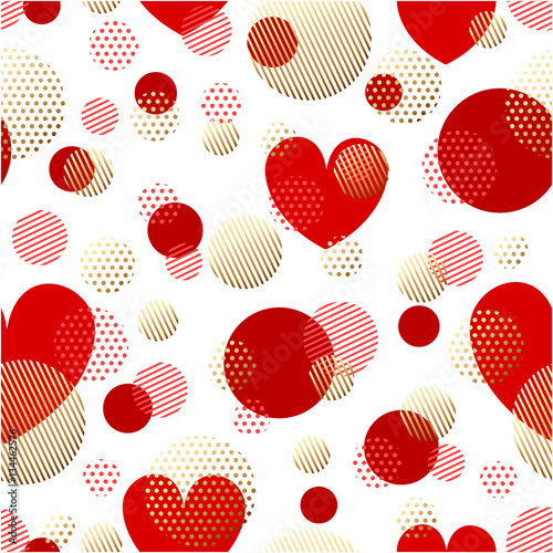 Valentines Day seamless modern luxury pattern. Festive abstract background with gold and red hearts for cards, banners, posters, wallpapers, textiles, fabrics, wrapping papers, packaging etc