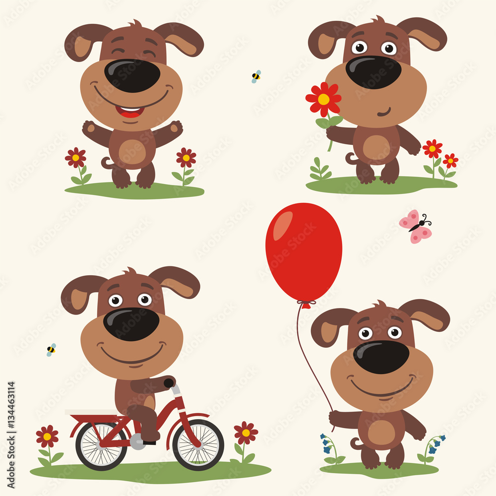 Obraz premium Vector set isolated puppy dog plays in the meadow. Collection puppy dog on bicycle, with balloon and flower in cartoon style.