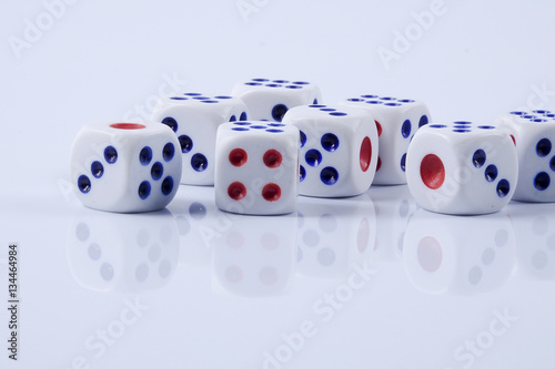White dice on white background. Concept of luck, chance and leisure fun