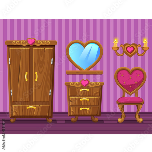 Set cartoon funny wooden Retro furniture, girlish pink Living room