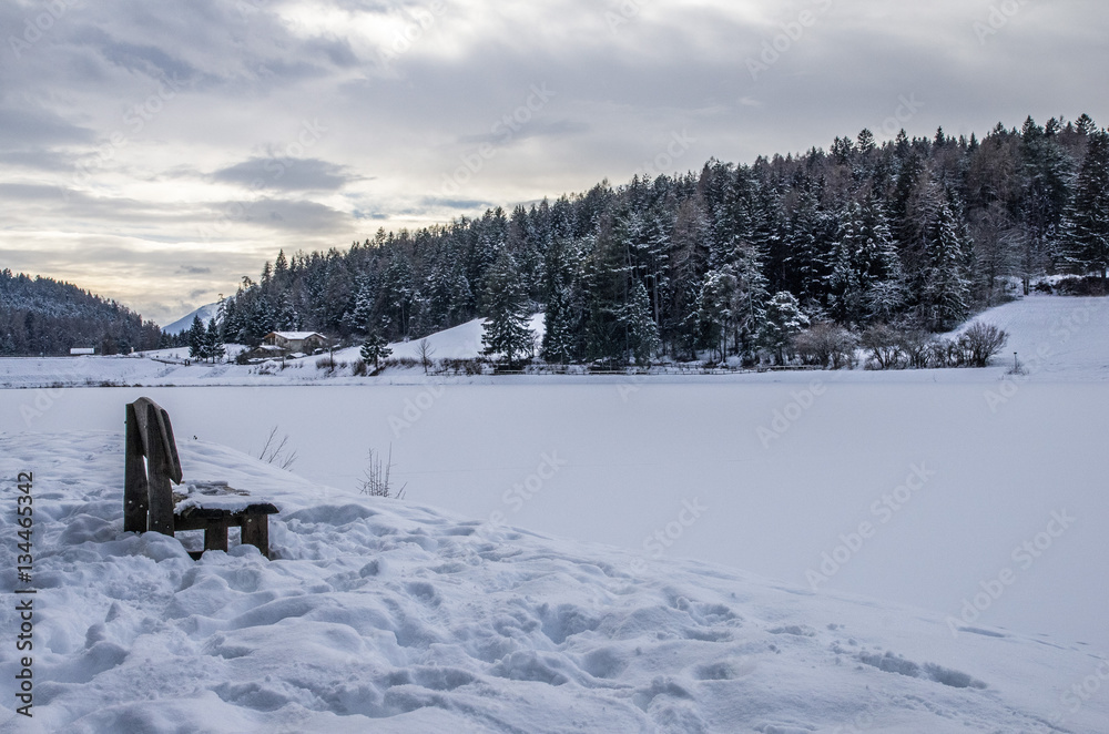 Fototapeta premium A wooden bench at the edge of a lake covered entirely by the snow. In the background, a mountain with trees. Cloudy weather