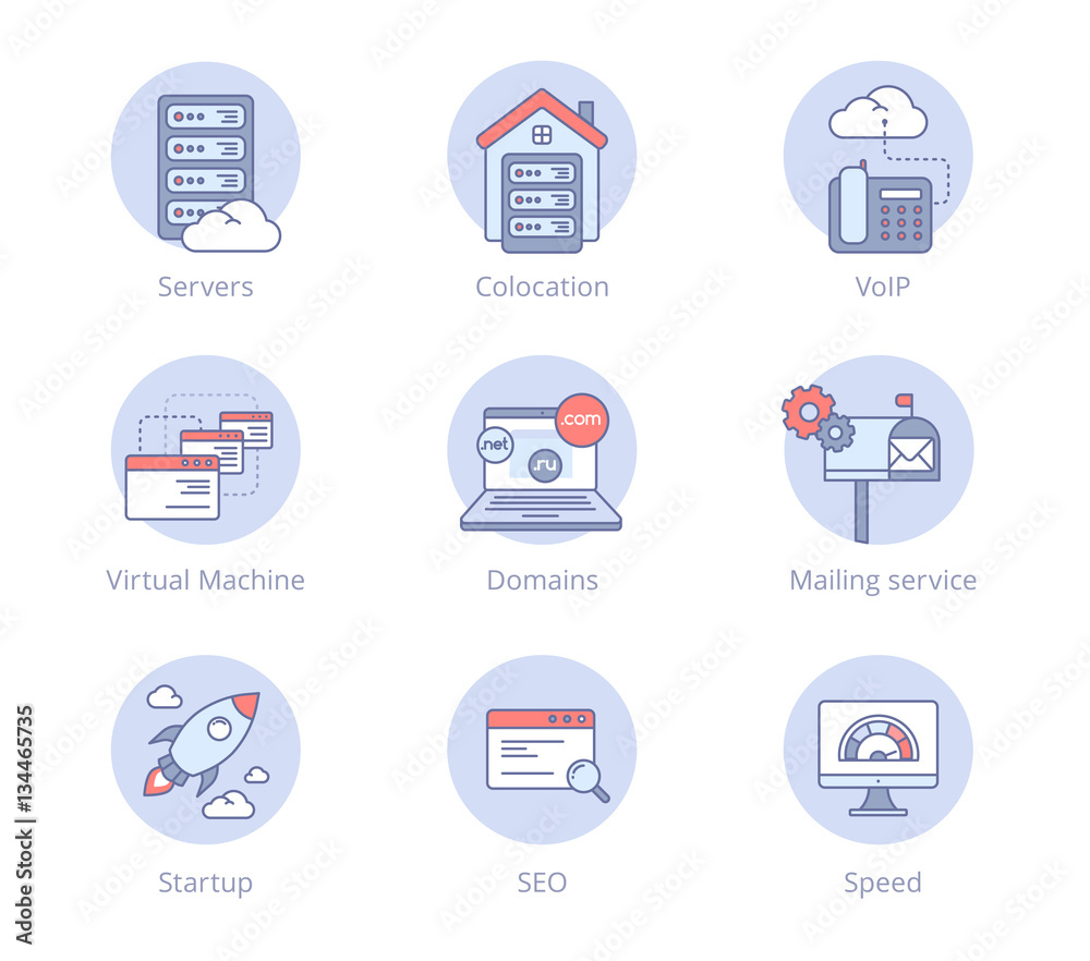 Flat data center icons for different categories of services Flat data center icons for different categories of services