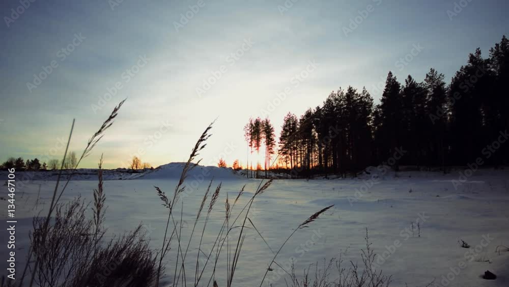 Winter landscape. Shot with slider. Sunset. Winter landscape. Shot with slider. Sunset.