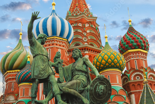 Moscow,Russia,Red square, St. Basil's Cathedral and monument to Minin and Pozharsky