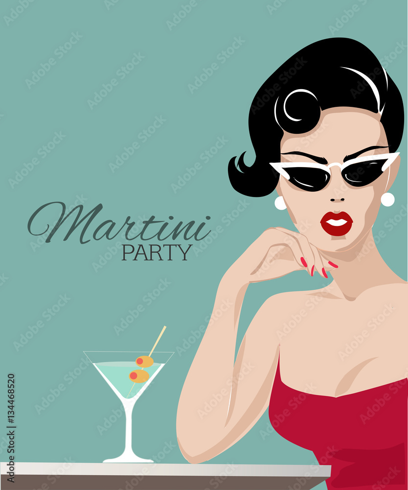 Beautiful woman with martini glass pop art portrait, summer look vector