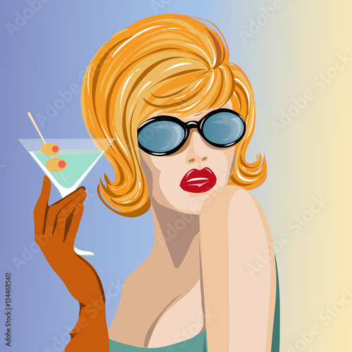 Beautiful woman with martini glass pop art portrait, pin up summer look vector illustration