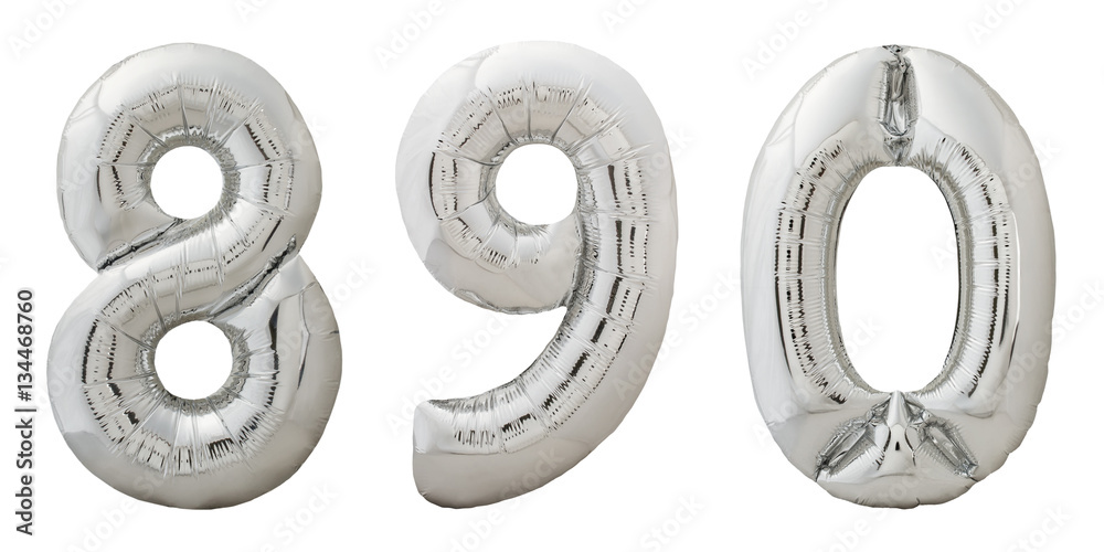 Chrome inflatable balloons numbers 8, 9, 0 on white
