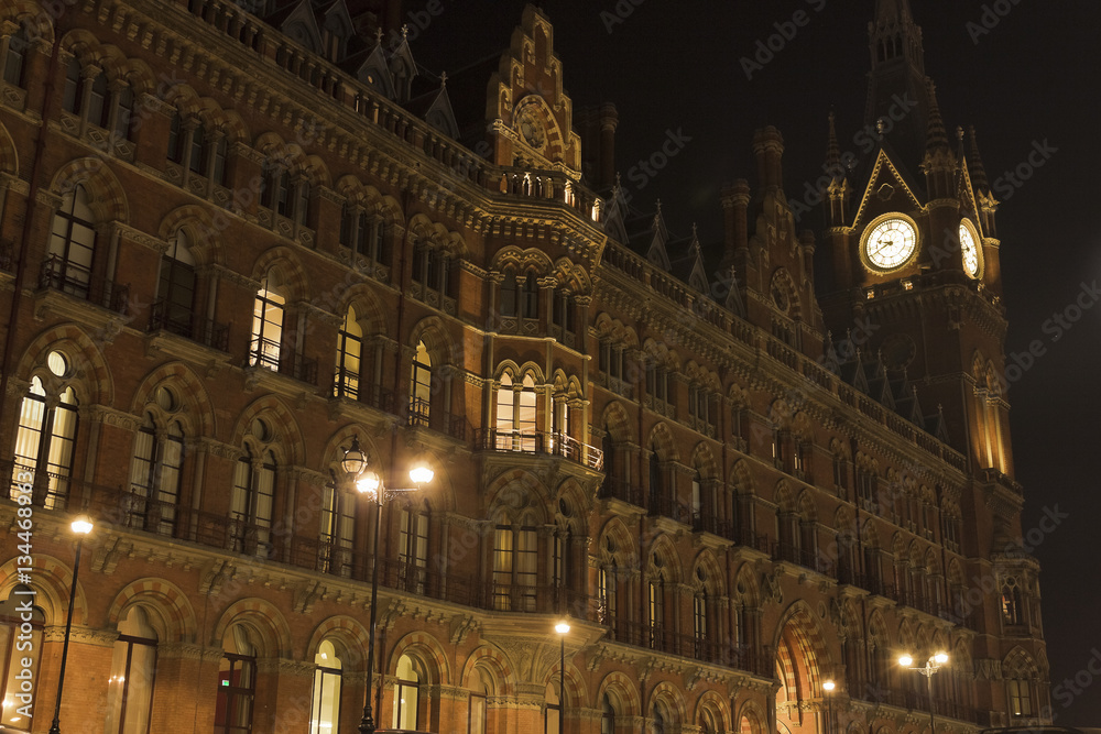 View of the Victorian Gothic facade of London St Pancras International, Camden, London